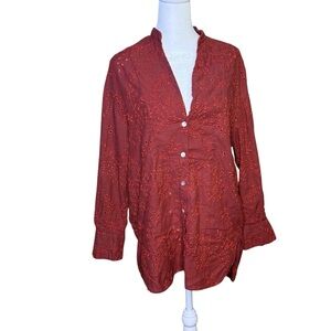 Zara Eyelet Blouse Red Medium Long V-Neck Boho Cottagecore Button Front Top